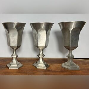 3 Leonard Hand Cast Pewter Chalice Goblet Cups Hexagonal Base Faceted Stem Patin
